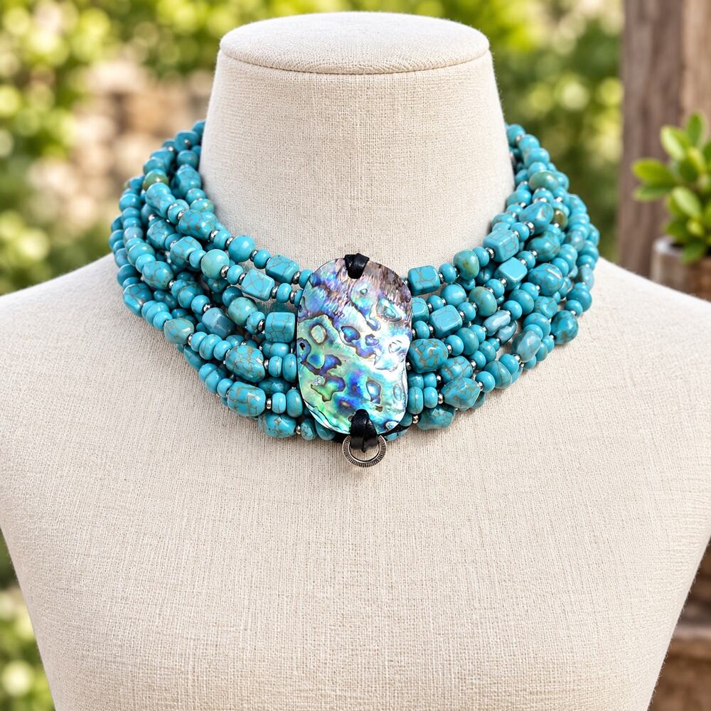 Chico's 8 Strand Faux Turquoise Abalone Style Statement Necklace Adjustable